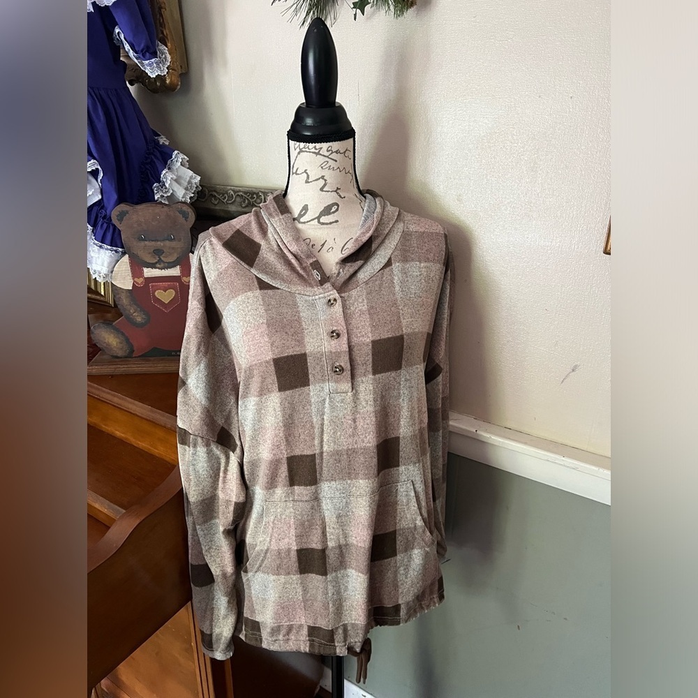 Women’s Paper Tee Pink Plaid Color block Hoodie 2X